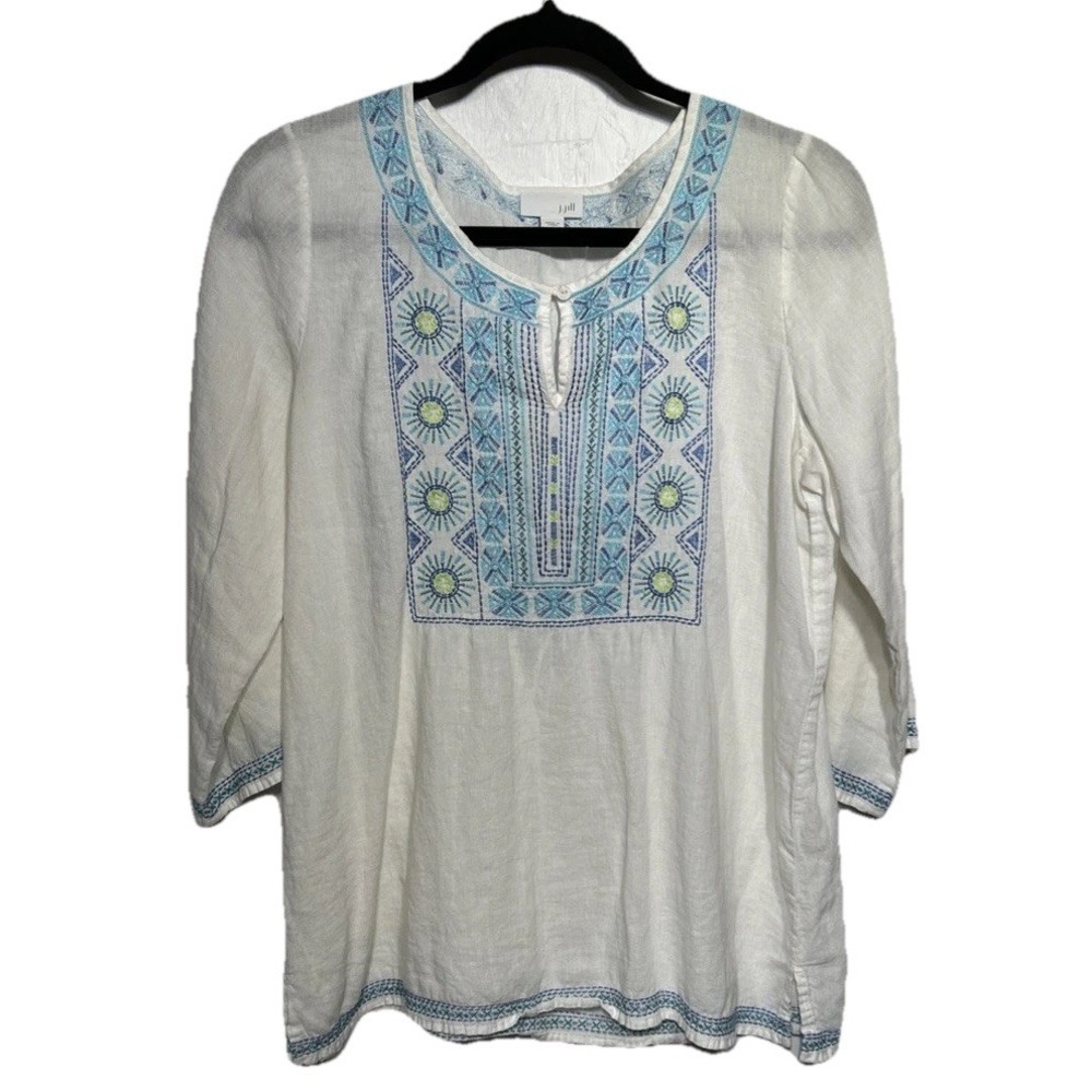 J.‎ Jill Embroidered Linen Blend Blouse White Blue Women's Size Small Beach Boho